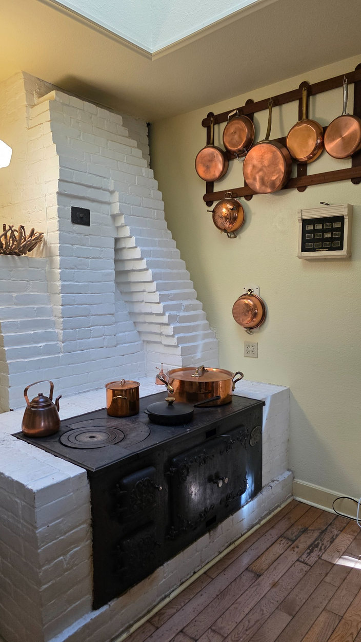 Vintage cast-iron stove set in white brick with warm copper pots in the Doughna Lisa kitchen